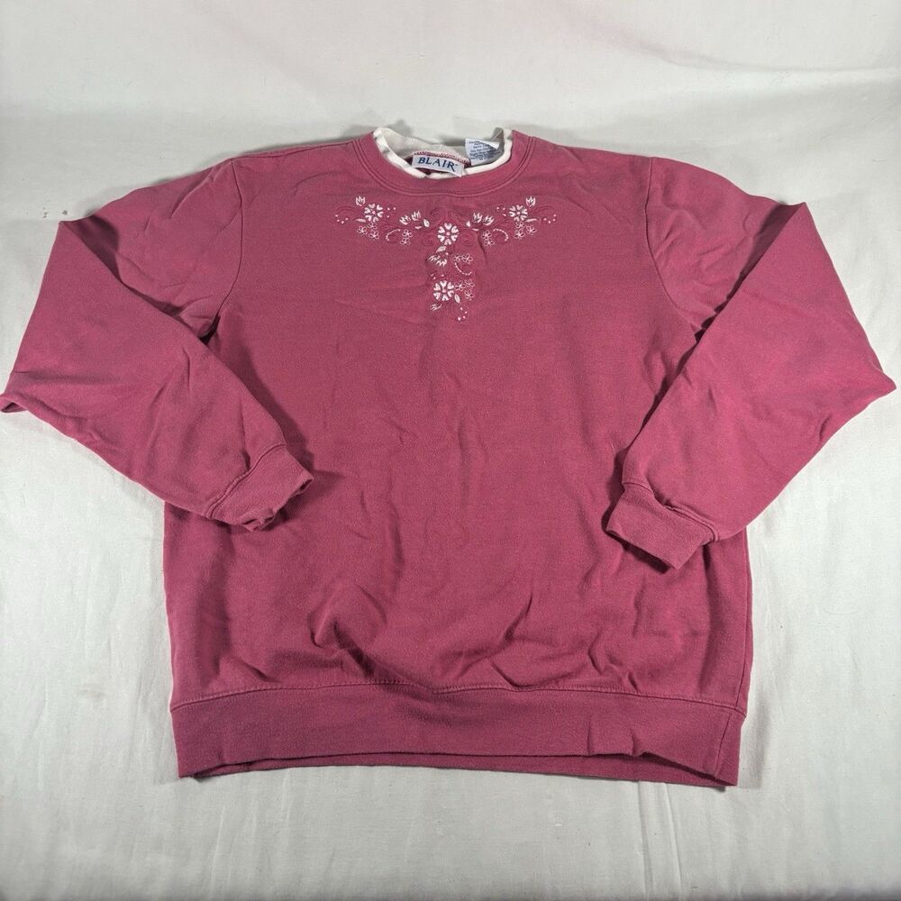 Blair Women’s Small Gray Floral Embroidered Crewneck Sweatshirt Long Sleeve